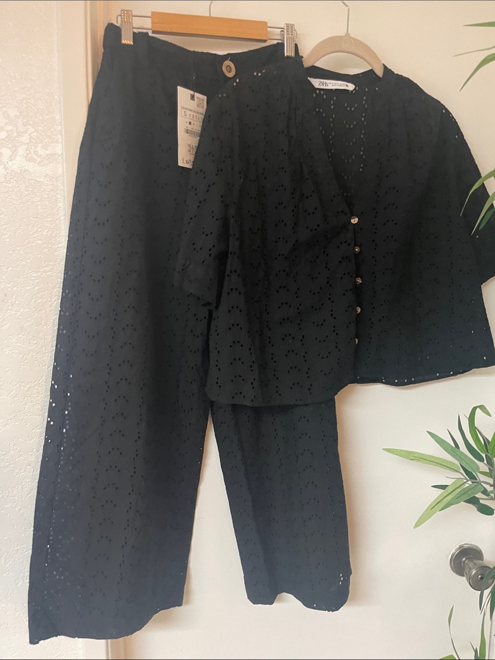 Zara Black Eyelet Wide-Leg Pants & Matching Button Top Set